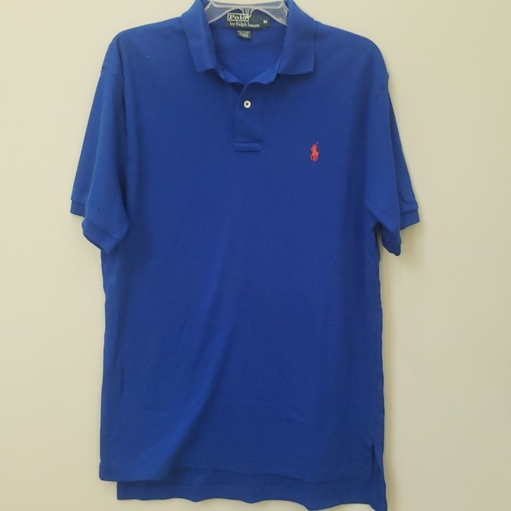 Ralph Lauren Polo Shirt Mens Medium Cotton Royal Blue with Orange Polo Player